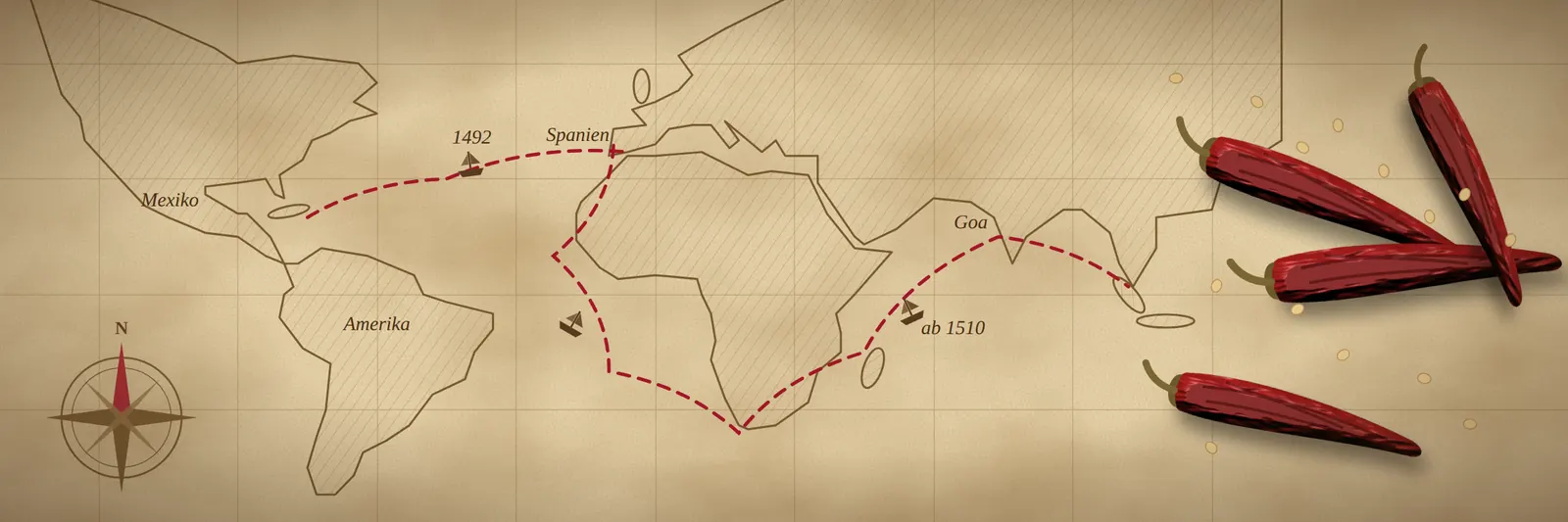 Alte Seekarte mit den Seewegen von Kolumbus und der Portugiesen, eine Kompassrose und getrocknete Chilischoten