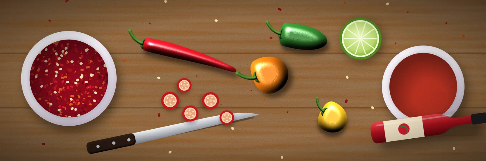 Chilis, Chiliringe, Chiliflocken, Chilipulver, Limette und scharfe Sauce auf einem Holzbrett